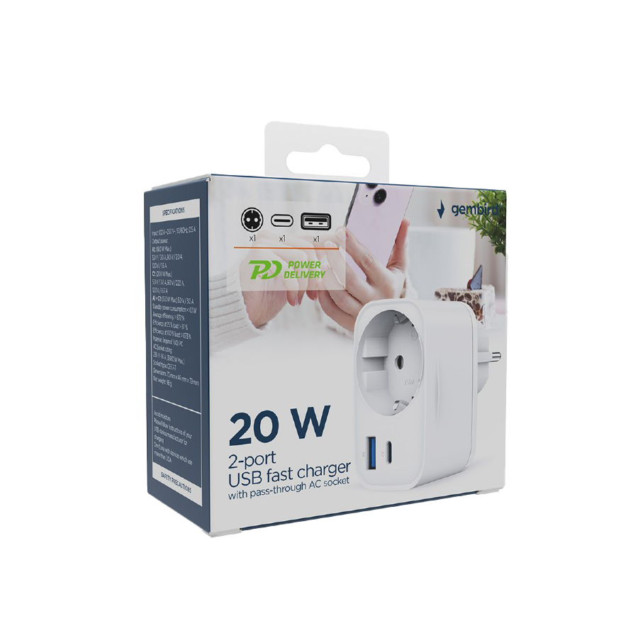 USB punjač Type-C + USB-A + shuko, 3A, white GEMBIRD, TA-ACPDQC20-01-W - slika 3