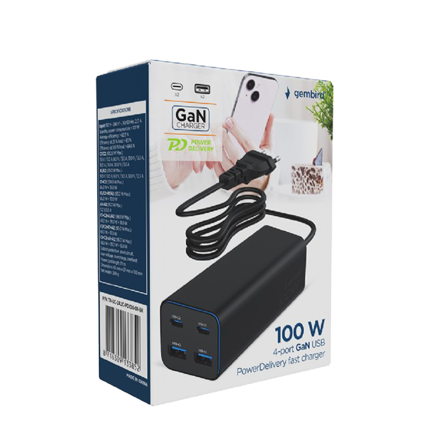 USB punjač 2xType-C + 2xUSB-A 4-port 100 W GaN USB PowerDelivery fast charger, black, GEMBIRD, TA-UC-2A2C-PD100-01-BK - slika 3
