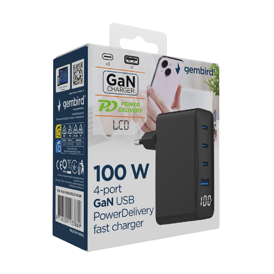 USB punjač 3xType-C + USB-A , 4-port 100W GaN USB fast charger, LCD, black, GEMBIRD, TA-UC-PDQC100LCD-01-BK - slika 3