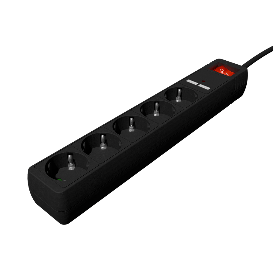 Razvodnik nap.GEMBIRD SPG5-U2-5-02, crni, Prekidač, 5 uticnica, 1,5 M, prenaponska za&scaron;tita 2x USB port