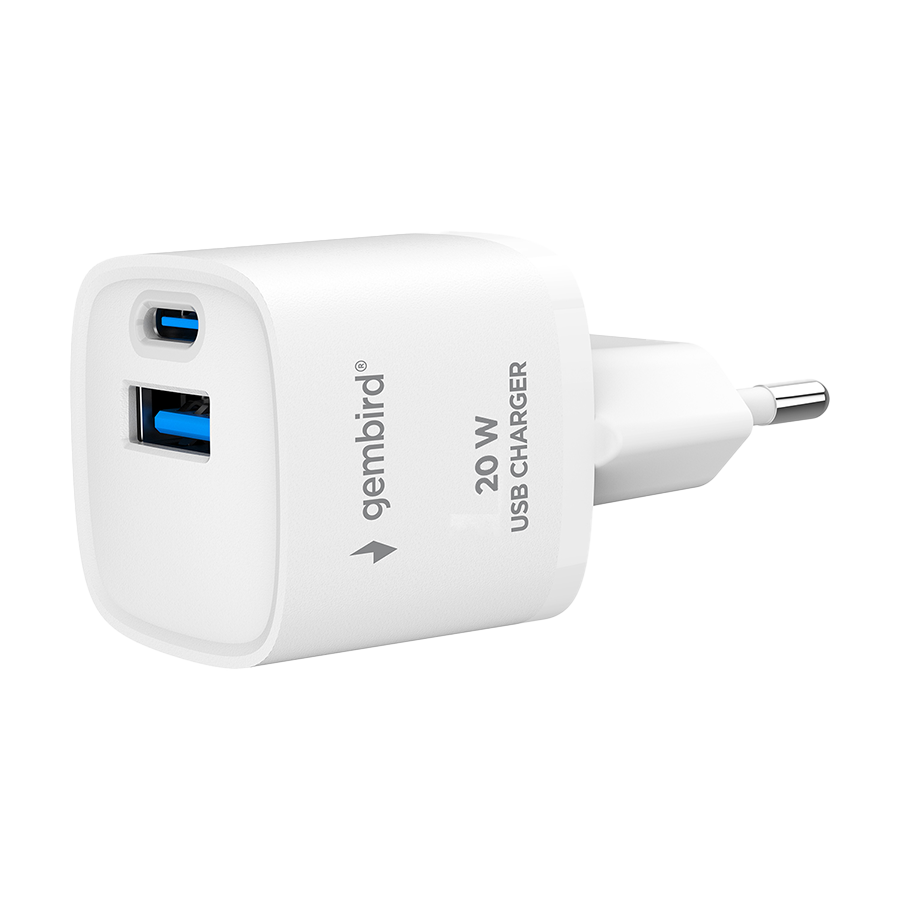 USB punjač 1xType-C + 1xUSB-A fast charger, 20W, white, GEMBIRD, TA-UC-PDQC20-W-01