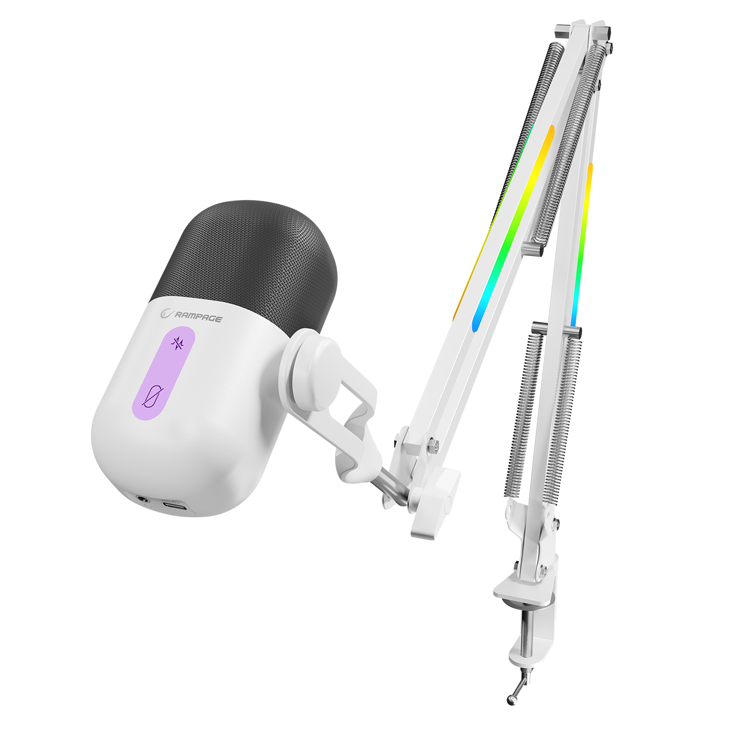 Mikrofon gaming RAMPAGE ARPEJ White RGB Stand Desktop Microphone with Volume Indicator, 42797
